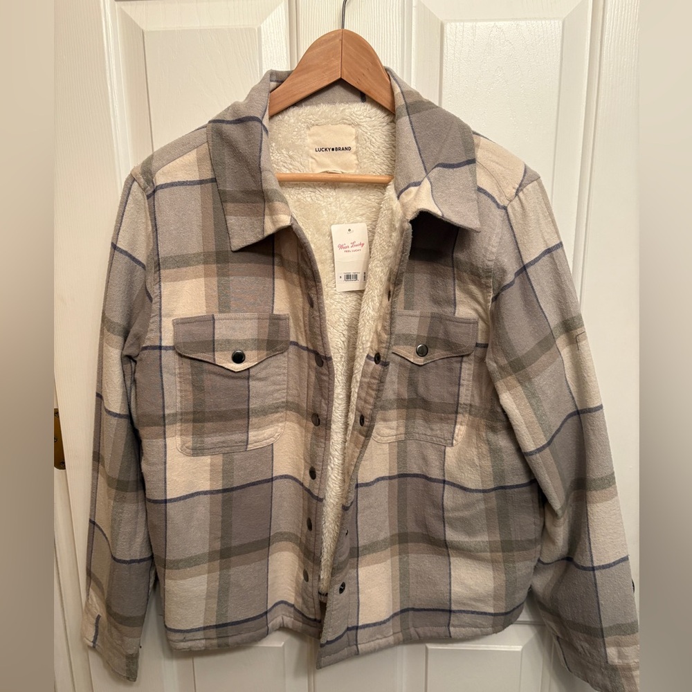 NWT Lucky Brand flannel snap front Faux Sherpa Jacket. M
